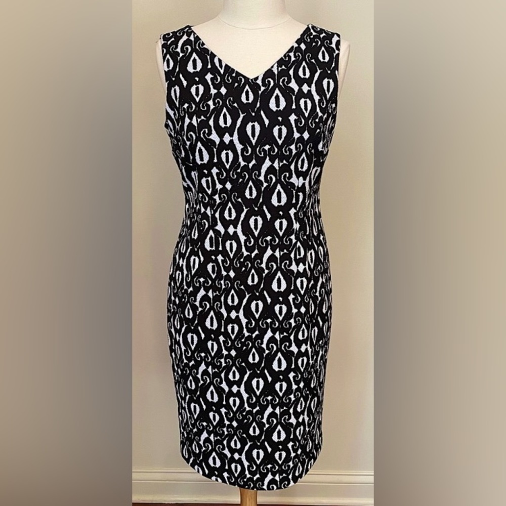 Black Label By Evan Picone Black White Geometric 8 Modern City Chic Party Dress